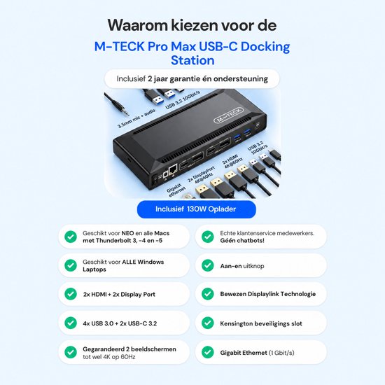Informatiekaart voor M-TECK Pro Max dockingstation met 130W oplader, 4K-ondersteuning, USB-poorten en 2 jaar garantie.