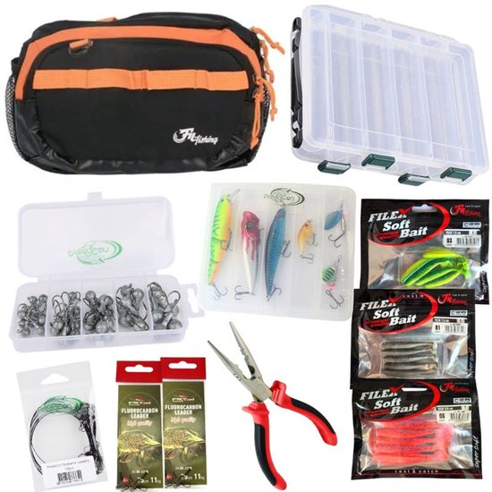 Deluxe roofvisset met zwarte/oranje tas, tacklebox, kunstaas, jigkoppen, softbait en onthaaktang.