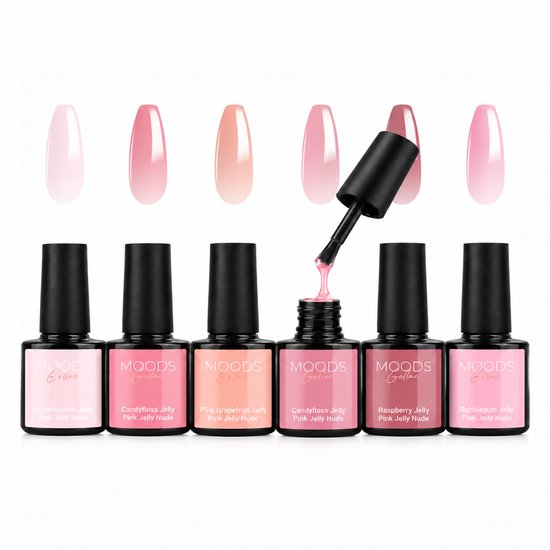 Zes Moods Gellac flesjes in roze nude tinten met bijpassende transparante nagelstalen en een open kwastje.