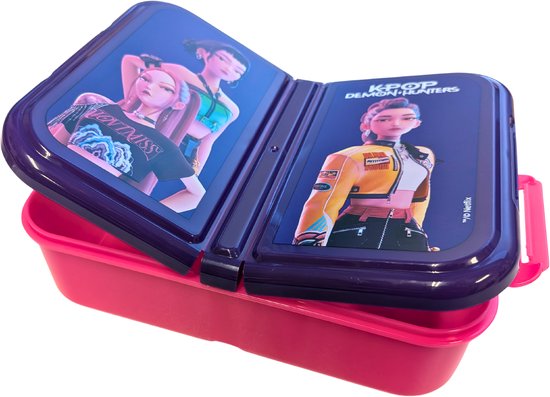Roze lunchtrommel met deels geopend paars deksel voorzien van K-pop Demon Hunters-thema.