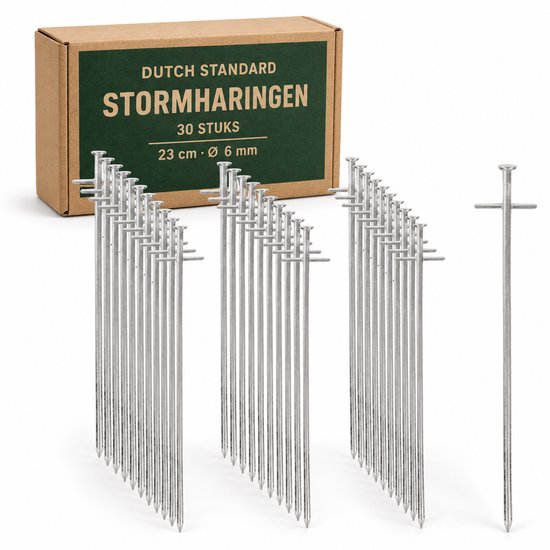 Productdoos van Dutch Standard met 30 stalen stormharingen van 23 cm lang en 6 mm dik.