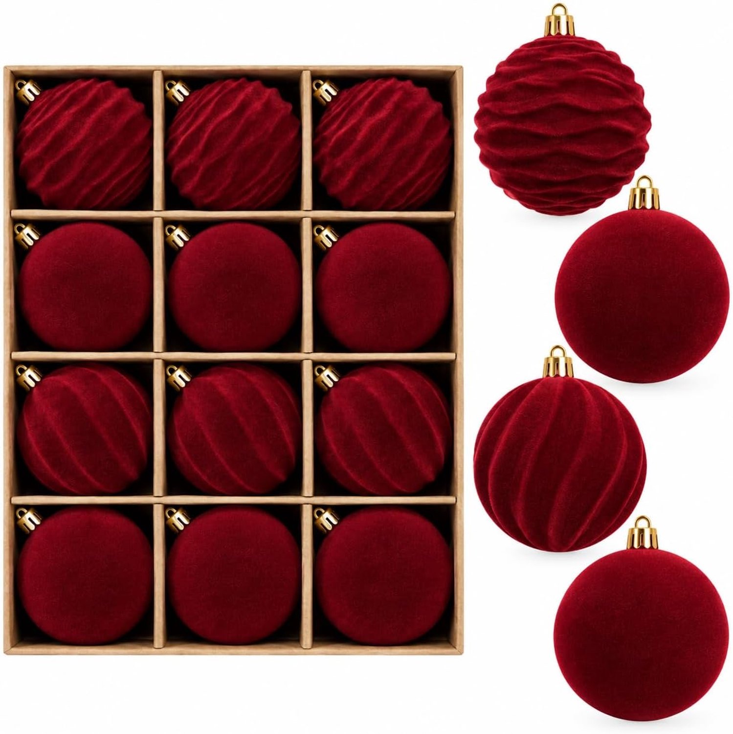 12 stuks rode fluwelen kerstballen - Kerstballen - 6 cm rode gevlokte kerstbal - Kerstversiering - kerstballensets - voor kerstboom, vakantie, thuis, kerstfeest, decoratie (3 stijlen)