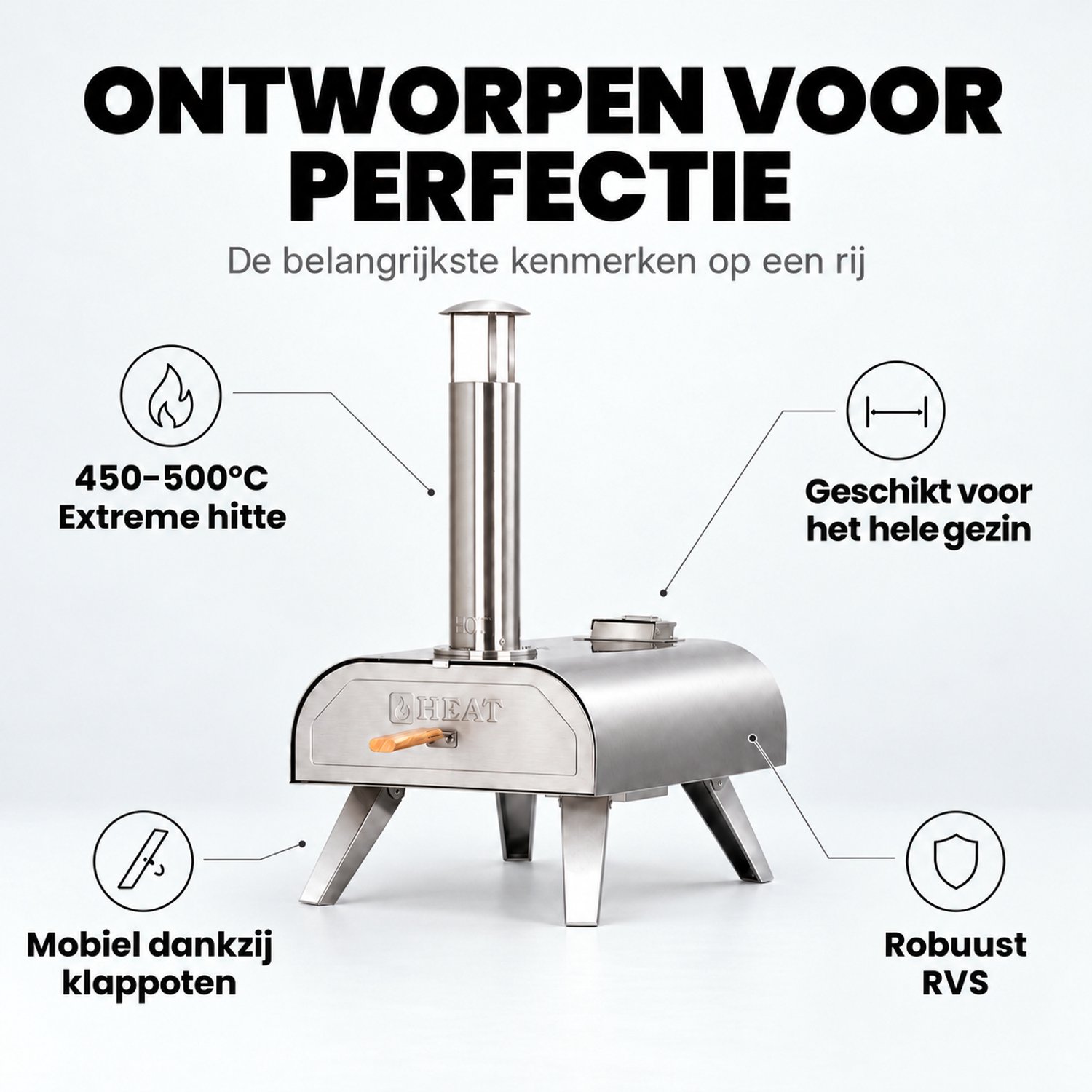 HEAT Pizza Pellet Oven - Houtpellet Pizzaoven voor Buiten - Inclusief Pizzasteen - RVS Dubbelwandig - Inklapbaar - 450-500°C – foto 8