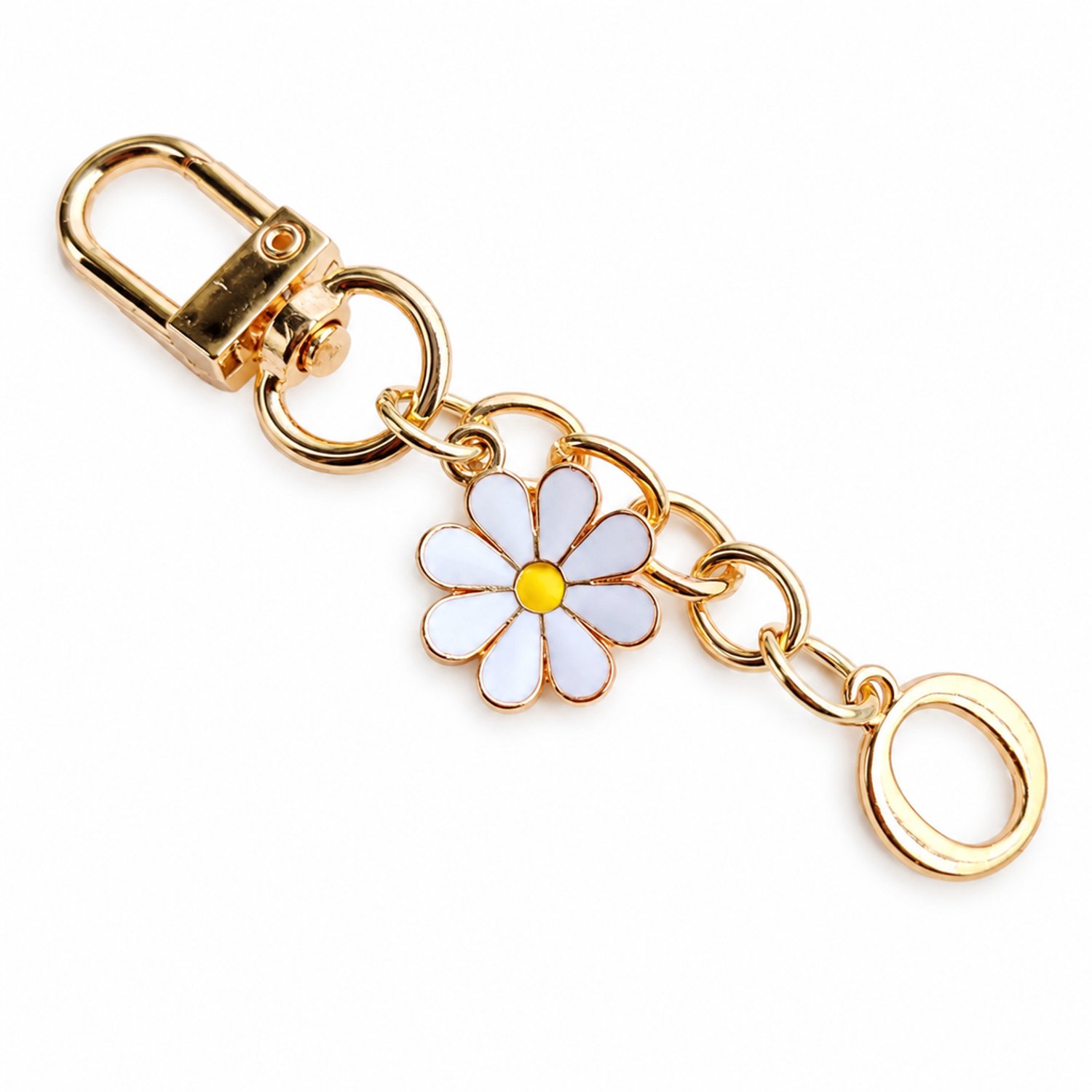 Sleutelhanger met letter O en madeliefje - metaal met goudkleurige ketting en sluiting
