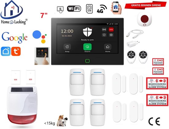 Home-Locking alarmsysteemset met 7-inch touchscreen, sirene, bewegingssensoren, afstandsbedieningen en waarschuwingsstickers.