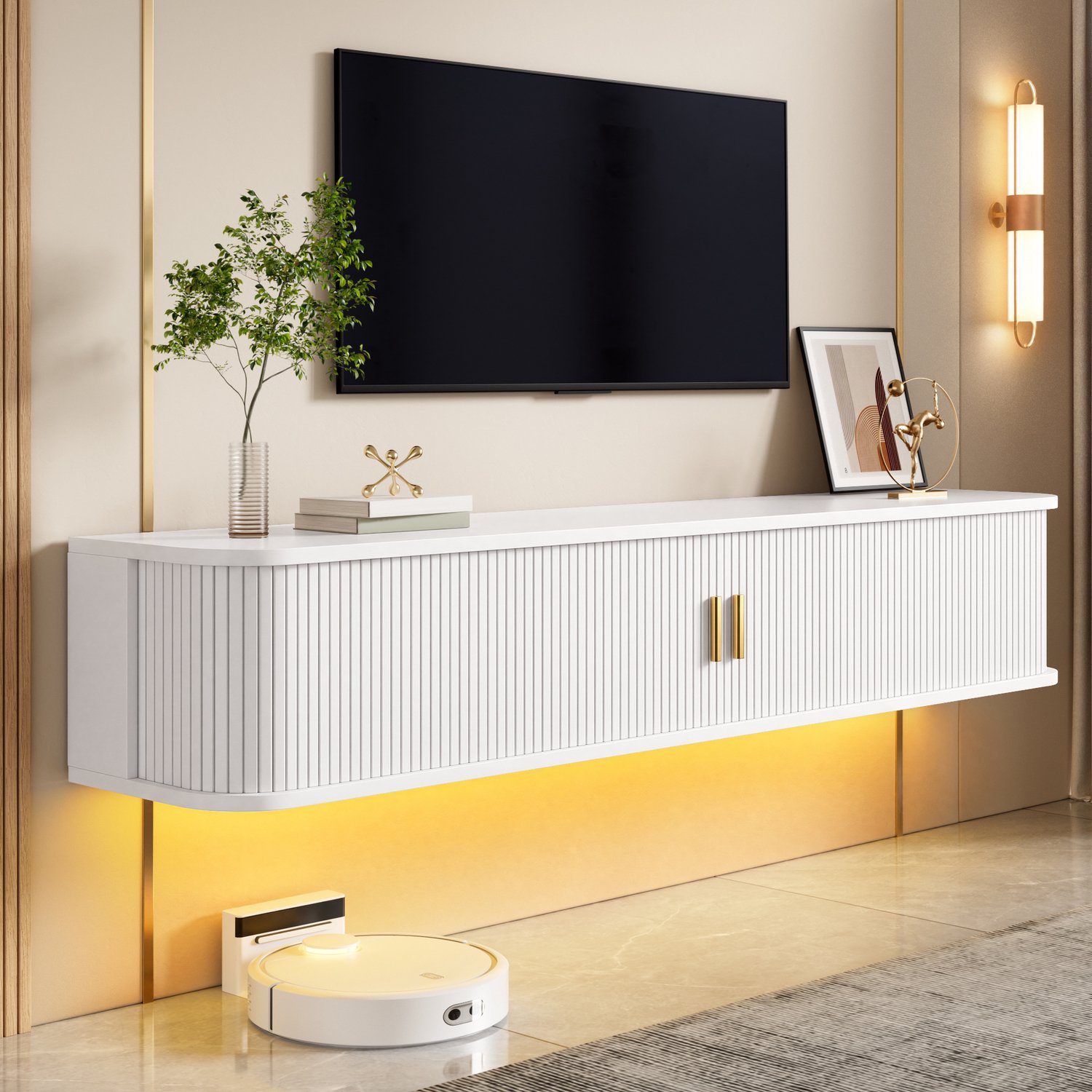 Sweiko TV-meubel - Wandgemonteerd TV-kast - LED-verlichting - Met lade - Schuifdeur - Wit