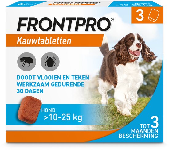 Frontpro kauwtabletten voor honden van 10-25 kg. Verpakking met 3 tabletten voor 3 maanden bescherming tegen vlooien en teken.