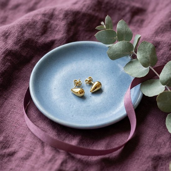 Goudkleurige druppelvormige oorknopjes op een klein blauw bordje naast een takje eucalyptus.