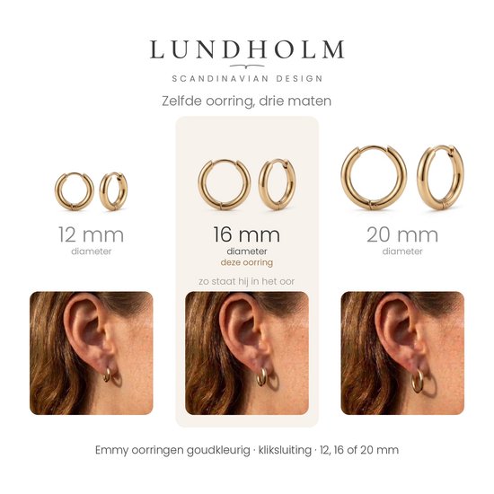Lundholm infographic met drie maten Emmy oorbellen: 12 mm, 16 mm en 20 mm, inclusief voorbeelden op een oor.