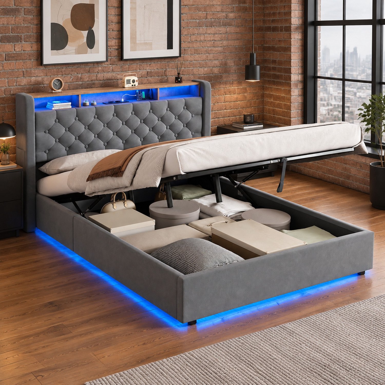 MIVRAY Opbergbed 140x200 Cm - Met Stopcontact - Fluweel Bekleding - Donkergrijs