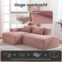 Roze ribstof bank met close-up van veerkrachtig schuim en ribbeltextuur, inclusief instructie voor 72 uur rust.