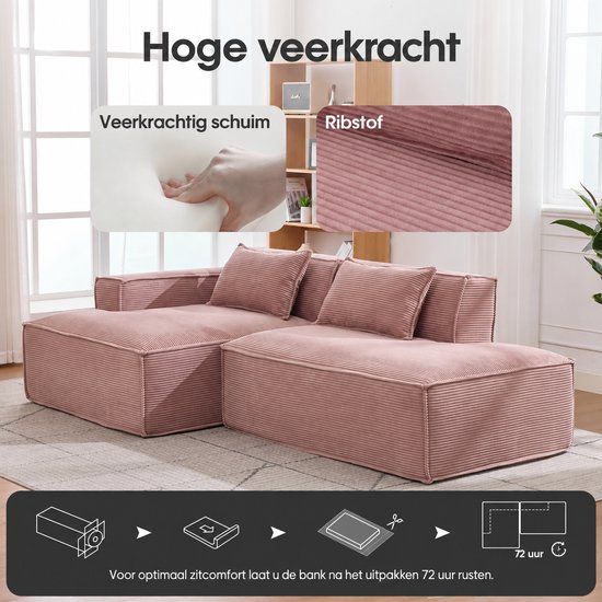 Roze ribstof bank met close-up van veerkrachtig schuim en ribbeltextuur, inclusief instructie voor 72 uur rust.