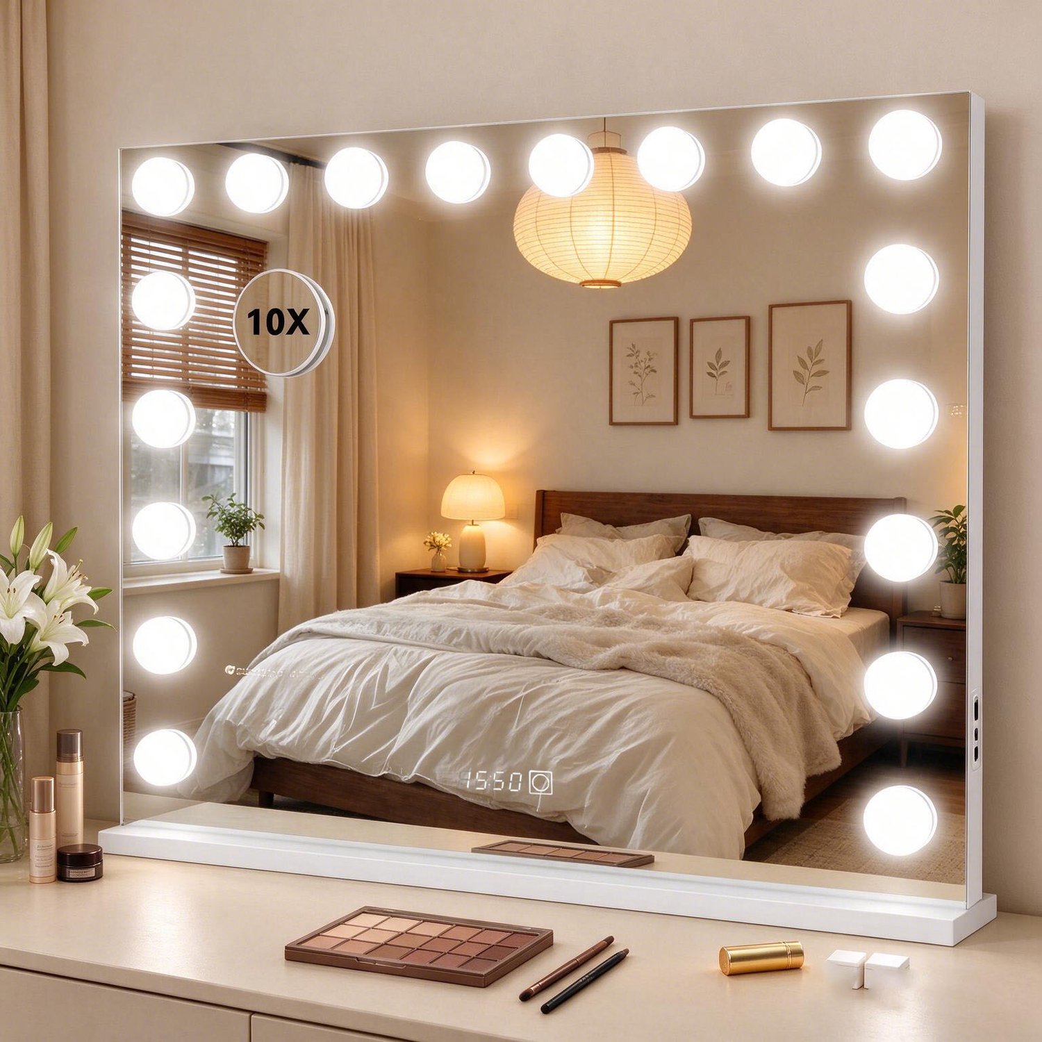 Puluomis Hollywood Spiegel 80x60CM - met LED verlichting - 18x Lampen - Met tijd- en temperatuurweergave - USB- en Type-C-oplaadpoorten