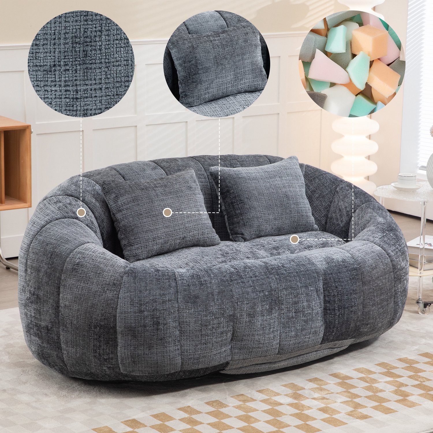 DantefHandels Zitzak bank, luie fauteuil, duurzame comfortabele lounger met hoge rug, voor volwassenen en kinderen,Grijs