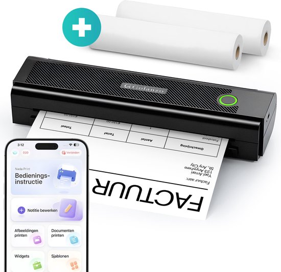 Golanzo-printer die een factuur print, met twee rollen thermisch papier en een smartphone-app op de voorgrond.