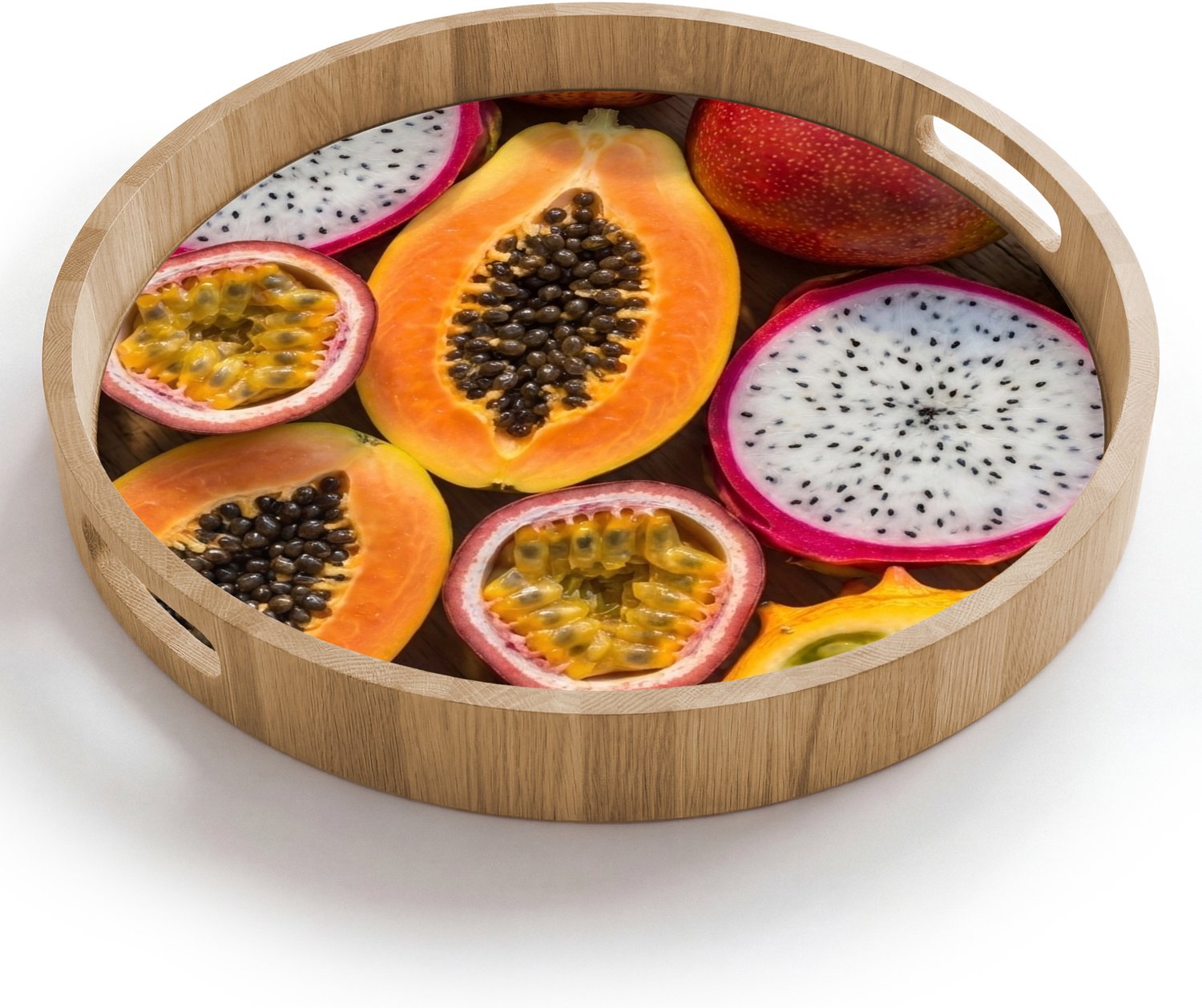 Dienblad rond 40x40 cm - Schootdienblad hout - Fruit - Geopend - Tropisch - Eten - Kleurrijk - Borrelplank rechthoek - Plateau houten dienbladen