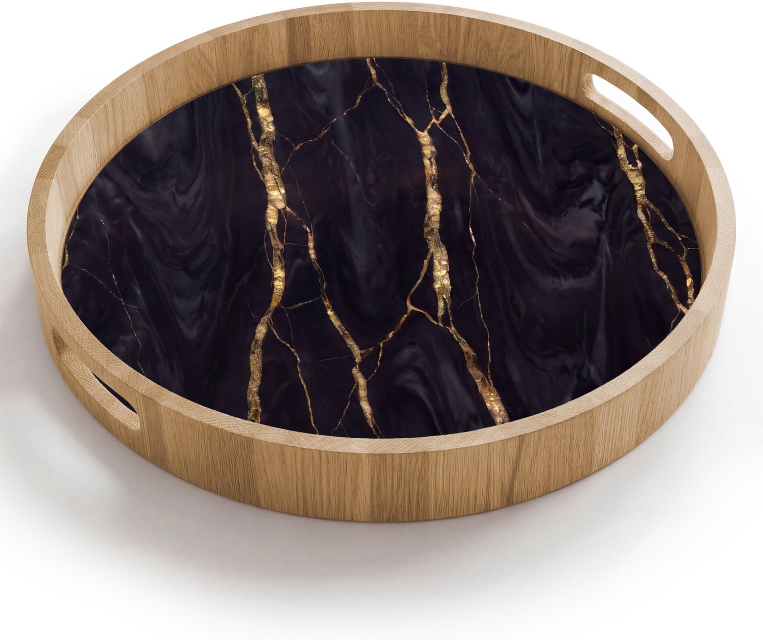 Dienblad rond 40x40 cm - Schootdienblad hout - Marmer - Gouden aders - Abstract - Zwart - Borrelplank rechthoek - Plateau houten dienbladen