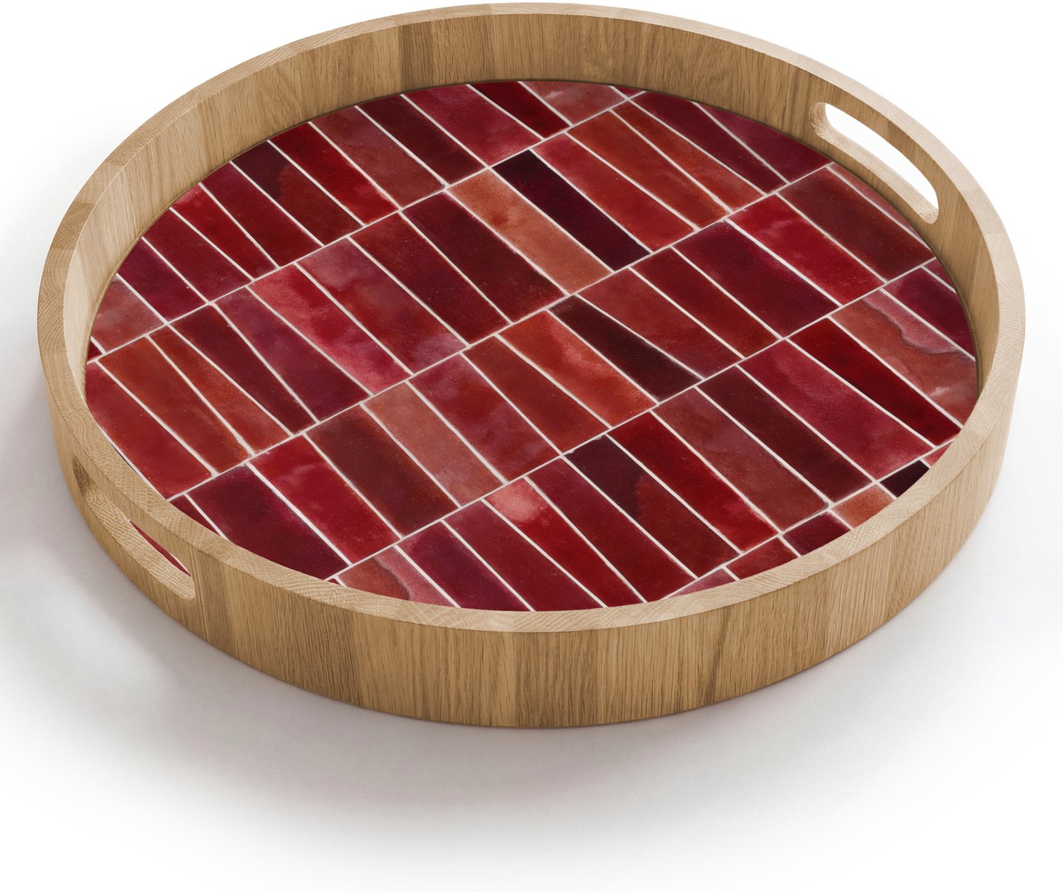 Dienblad rond 40x40 cm - Schootdienblad hout - Tegels - Modern - Structuur - Dieprood - Borrelplank rechthoek - Plateau houten dienbladen