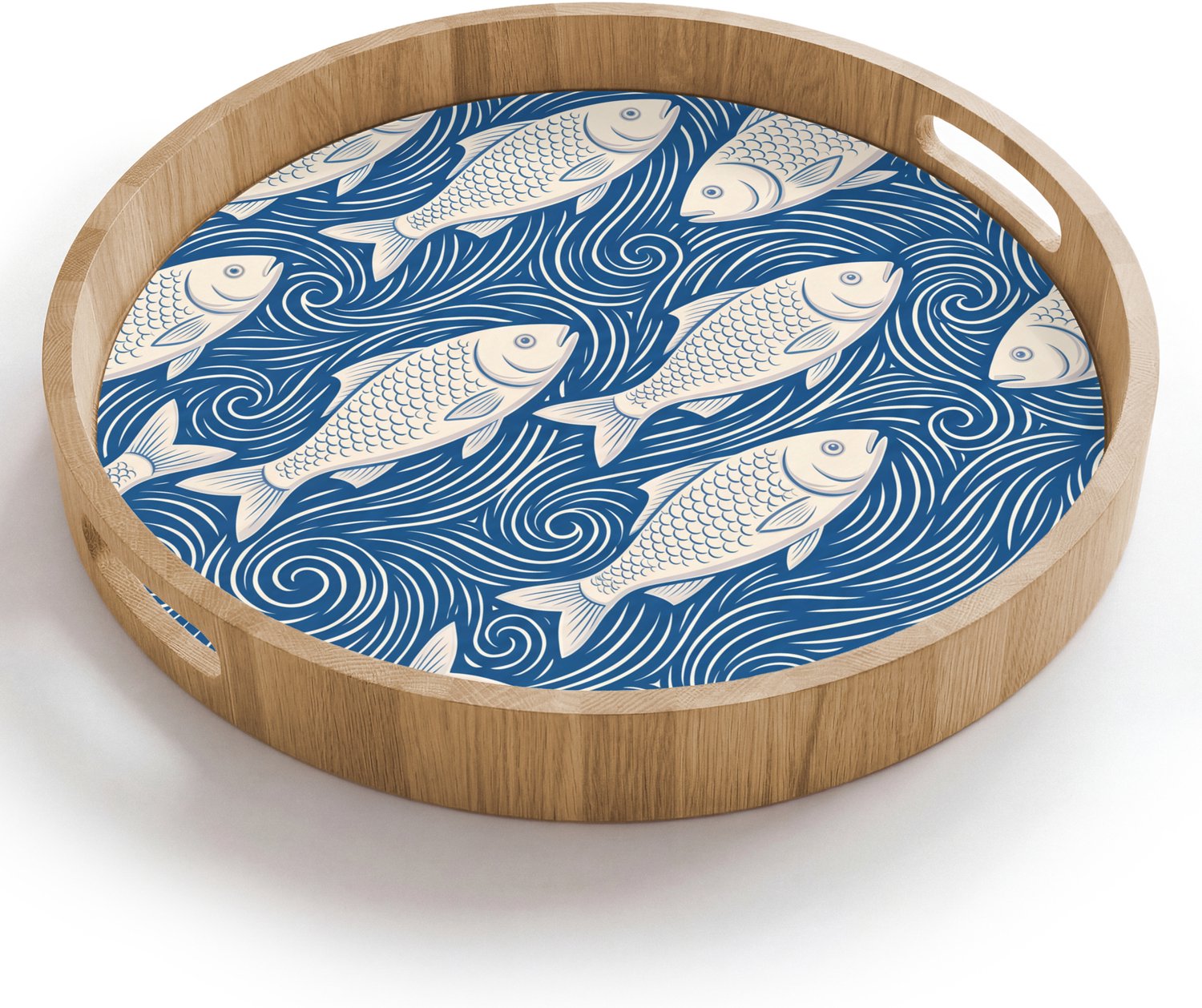 Dienblad rond 40x40 cm - Schootdienblad hout - Vis - Water - Patroon - Grafisch - Blauw - Borrelplank rechthoek - Plateau houten dienbladen