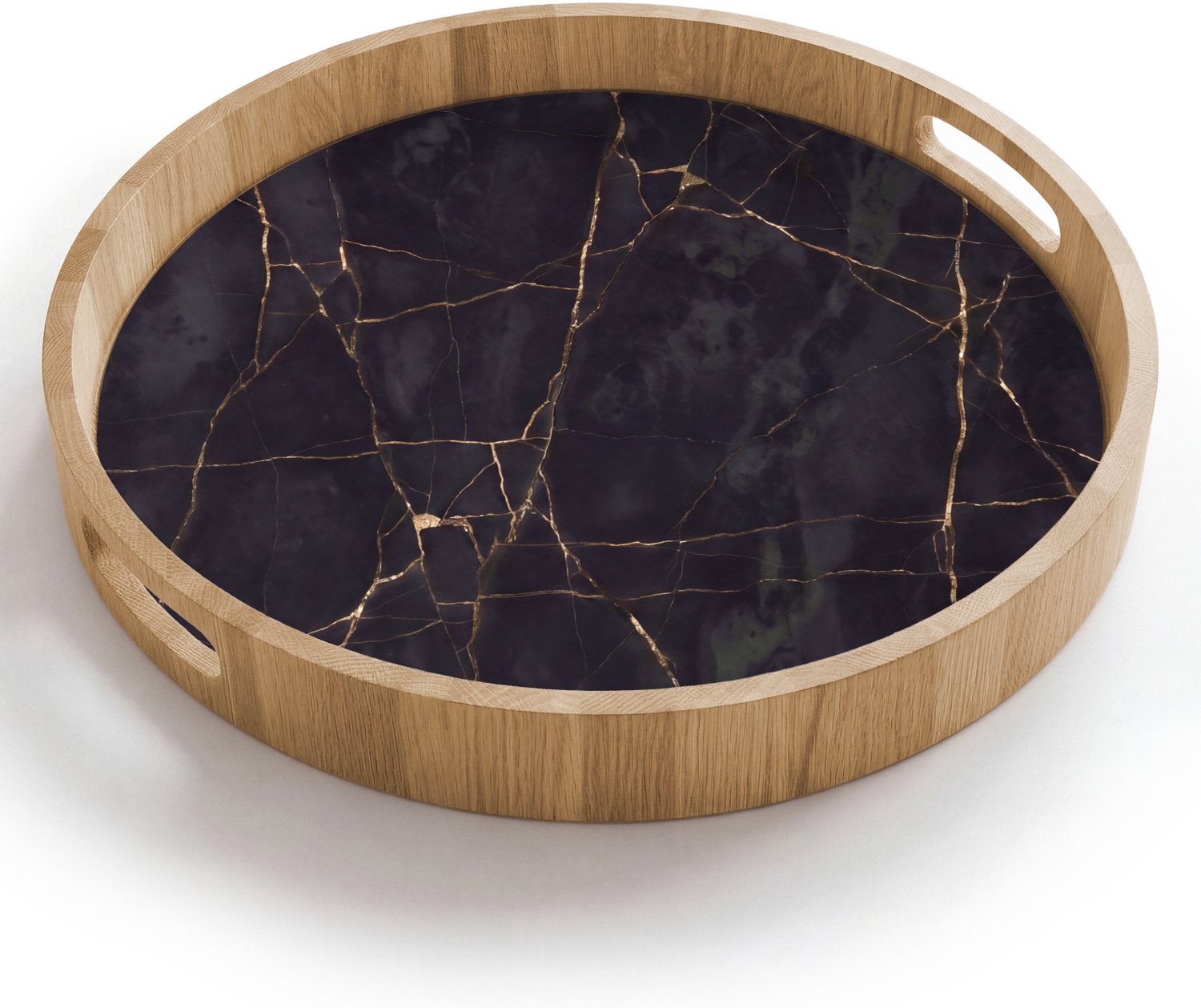Dienblad rond 40x40 cm - Schootdienblad hout - Textuur - Gouden lijnen - Abstract - Modern - Zwart - Borrelplank rechthoek - Plateau houten dienbladen
