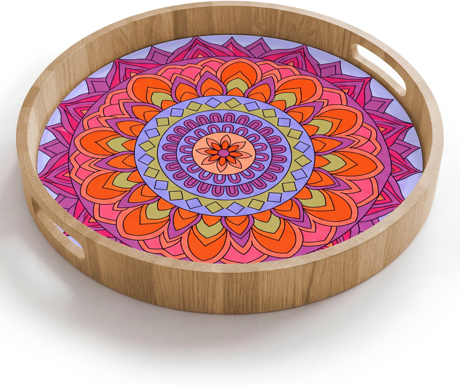 Dienblad rond 40x40 cm - Schootdienblad hout - Mandala - Cirkel - Abstract - Kleurrijk - Patroon - Borrelplank rechthoek - Plateau houten dienbladen