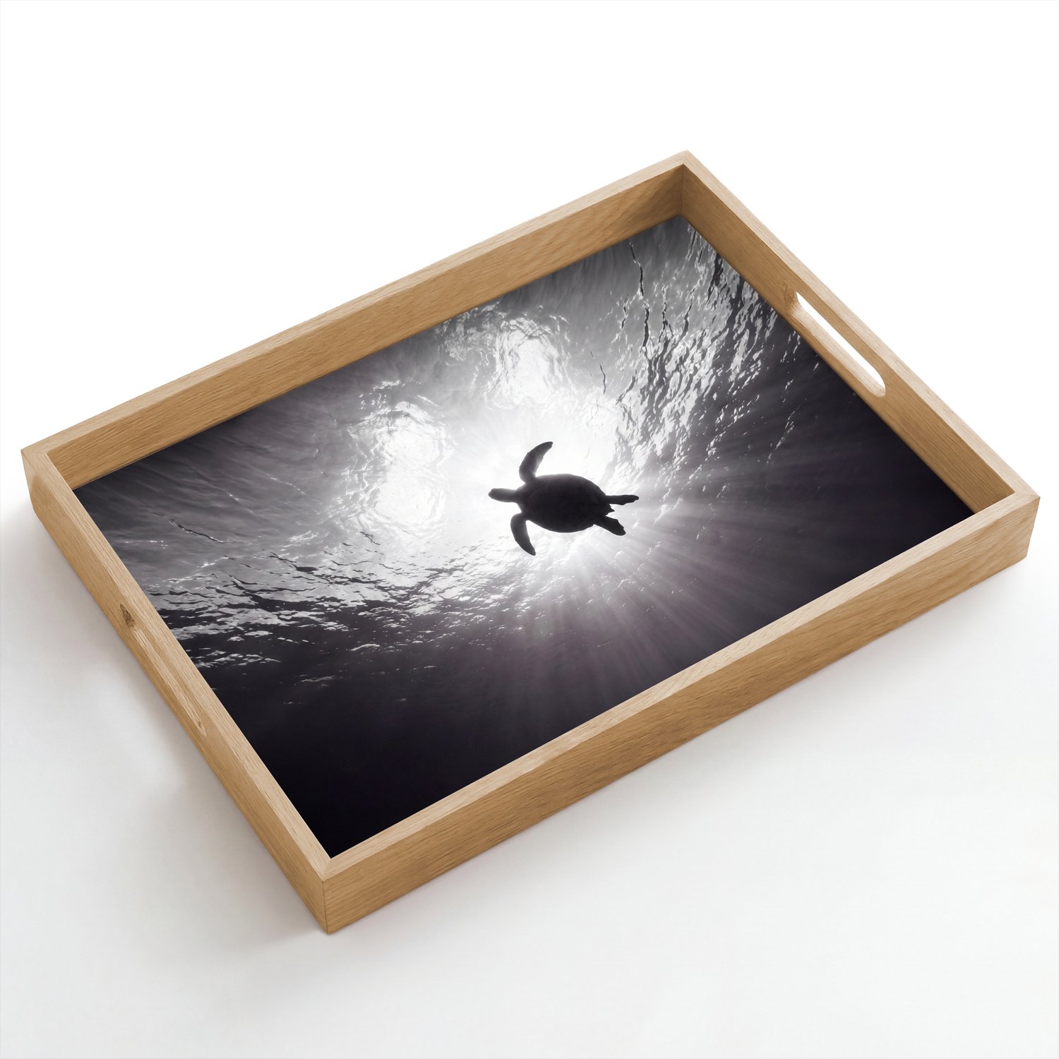 Dienblad hout 50x35 cm - Schootdienblad - Schildpad - Onderwater - Lichtstralen - Oceaan - Zwart-wit - Borrelplank rechthoek - Plateau dienbladen