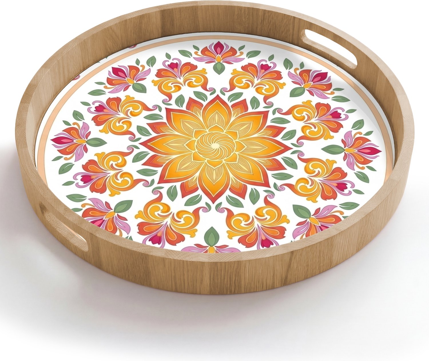 Dienblad rond 50x50 cm - Schootdienblad hout - Mandala - Bloemen - Decoratie - Kleurrijk - Abstract - Borrelplank rechthoek - Plateau houten dienbladen