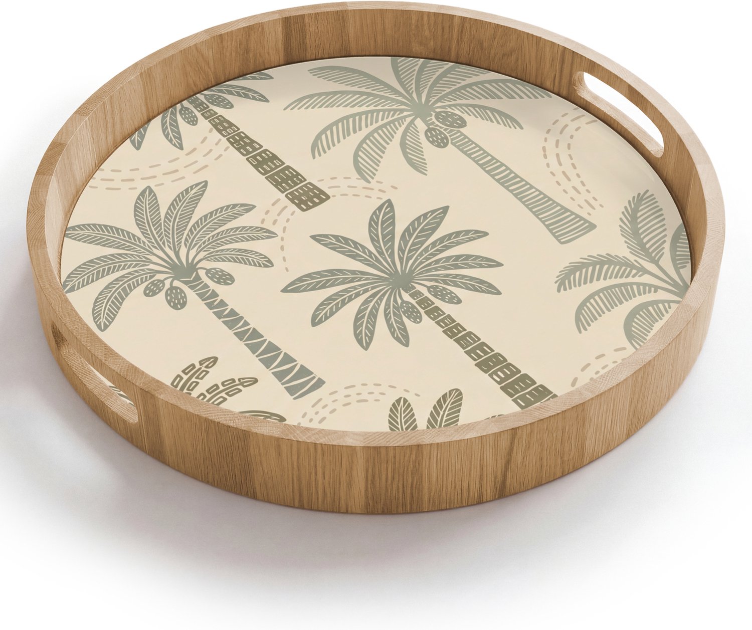 Dienblad rond 40x40 cm - Schootdienblad hout - Palmbomen - Patroon - Tropisch - Beige - Borrelplank rechthoek - Plateau houten dienbladen