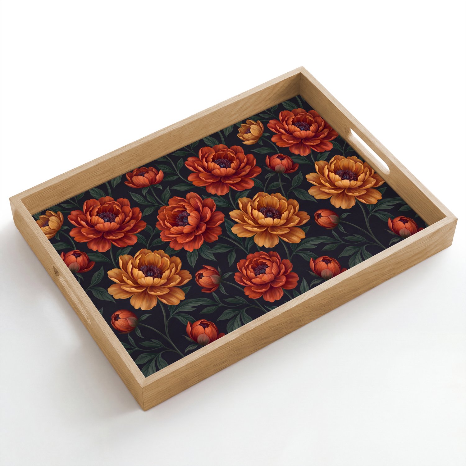 Dienblad hout 50x35 cm - Schootdienblad - Bloemen - Bladeren - Natuur - Modern - Oranje - Borrelplank rechthoek - Plateau dienbladen