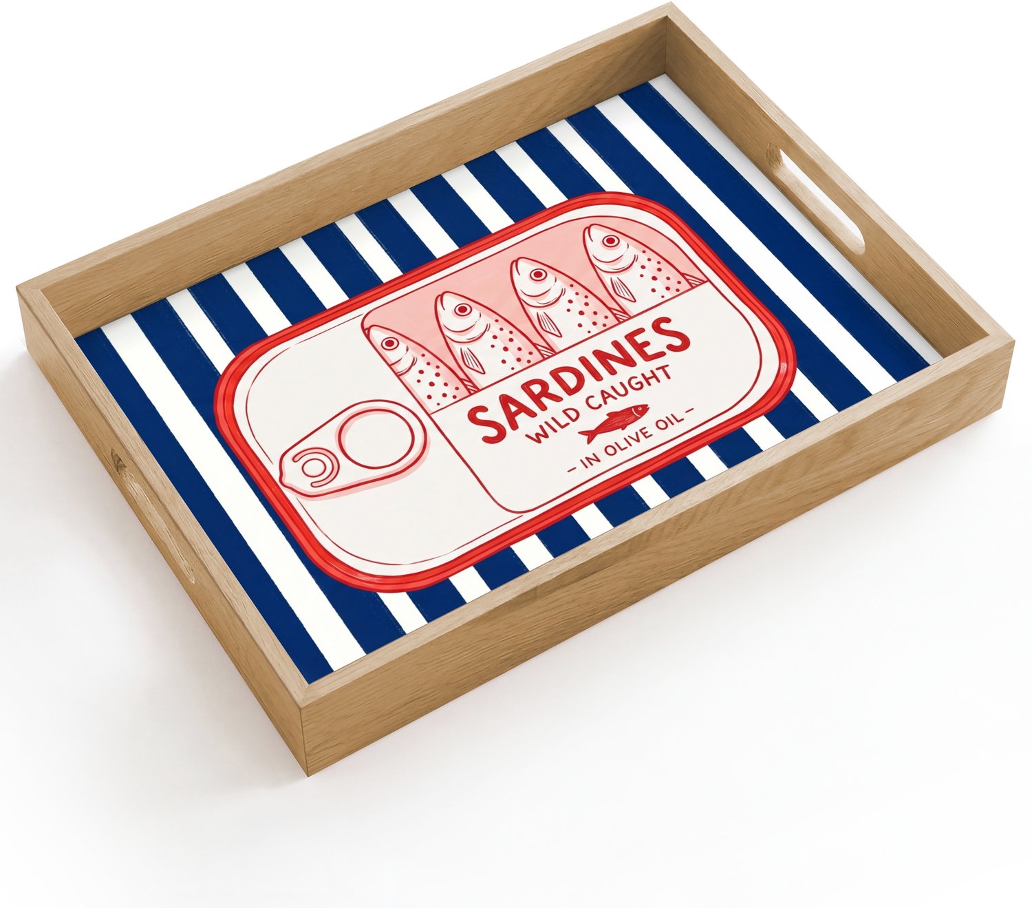 Dienblad hout 40x30 cm - Schootdienblad - Eten - Vis - Blik - Illustratie - Rood - Borrelplank rechthoek - Plateau dienbladen
