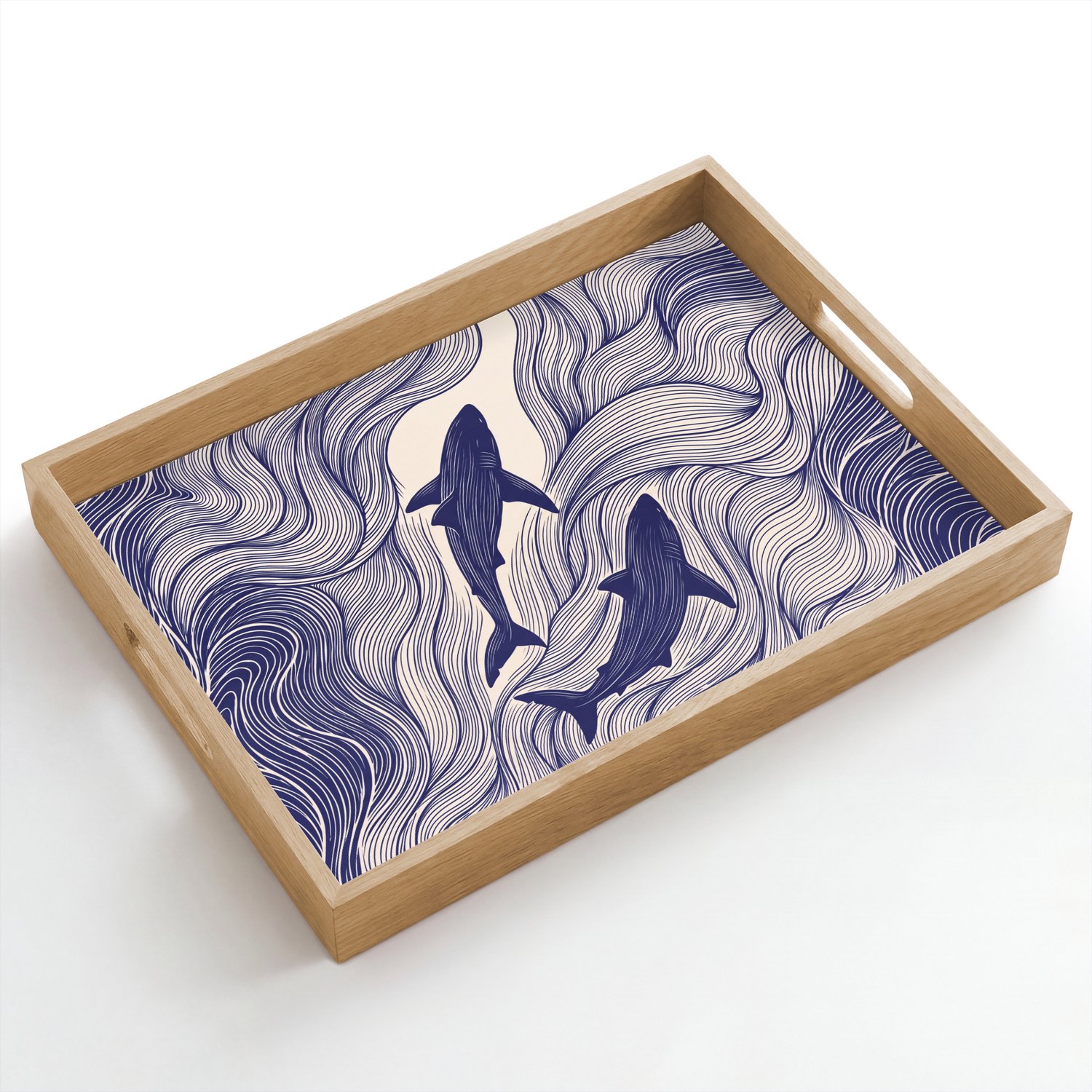 Dienblad hout 50x35 cm - Schootdienblad - Vis - Oceaan - Lijntekening - Blauw - Dieren - Borrelplank rechthoek - Plateau dienbladen