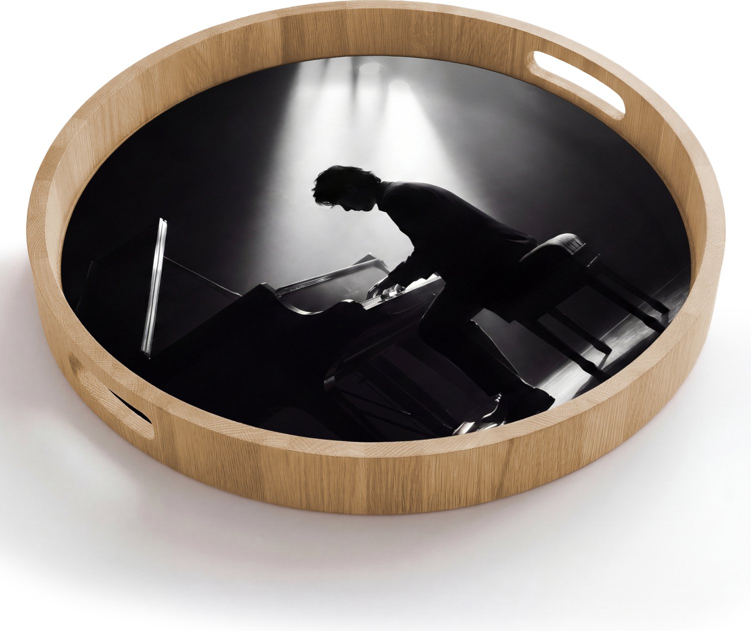 Dienblad rond 50x50 cm - Schootdienblad hout - Persoon - Piano - Muziek - Zwart-wit - Podium - Borrelplank rechthoek - Plateau houten dienbladen