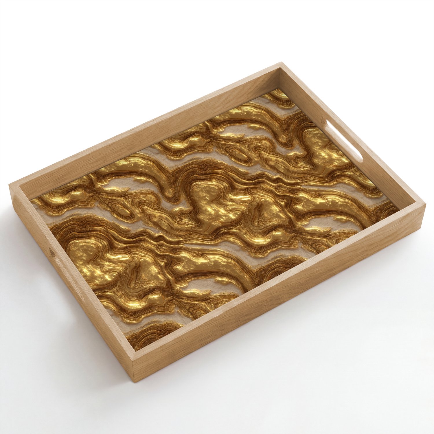 Dienblad hout 50x35 cm - Schootdienblad - Golven - Organisch - Goud - Crème - Borrelplank rechthoek - Plateau dienbladen