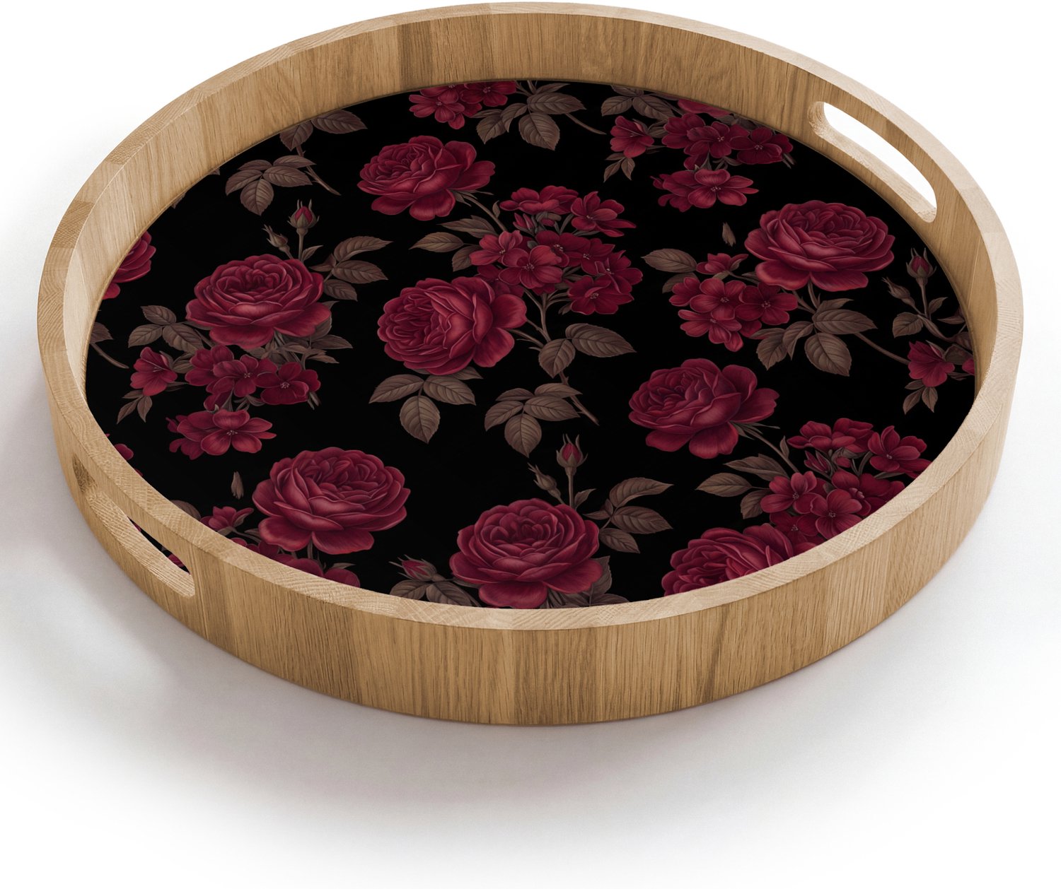 Dienblad rond 40x40 cm - Schootdienblad hout - Bloemen - Roos - Patroon - Klassiek - Rood - Borrelplank rechthoek - Plateau houten dienbladen