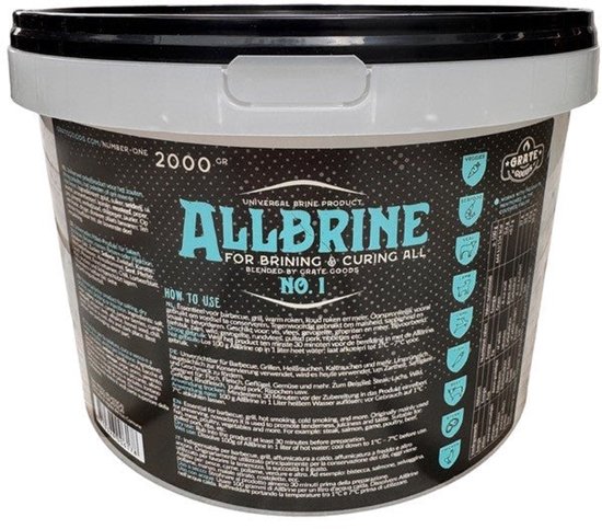 Zwarte emmer Allbrine No.1 voor pekelen en drogen met blauwe opdruk en iconen voor vlees en groenten.