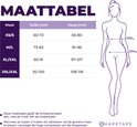 Maattabel met lichaamsmaten voor taille en heupen in cm, inclusief illustratie van een vrouwelijk silhouet.