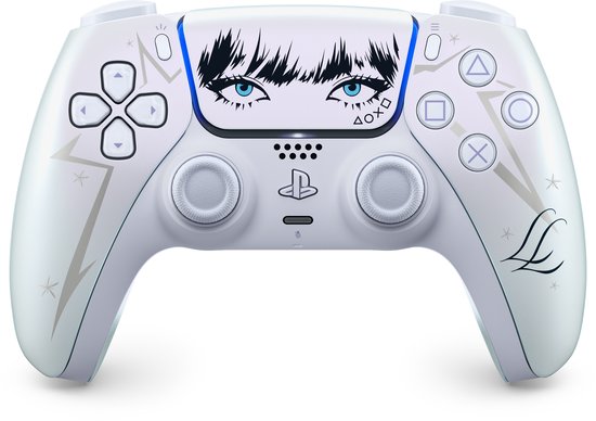 Witte DualSense draadloze controller in beperkte editie, met Lisa-ogen op het touchpad en zilveren bliksemmotieven.
