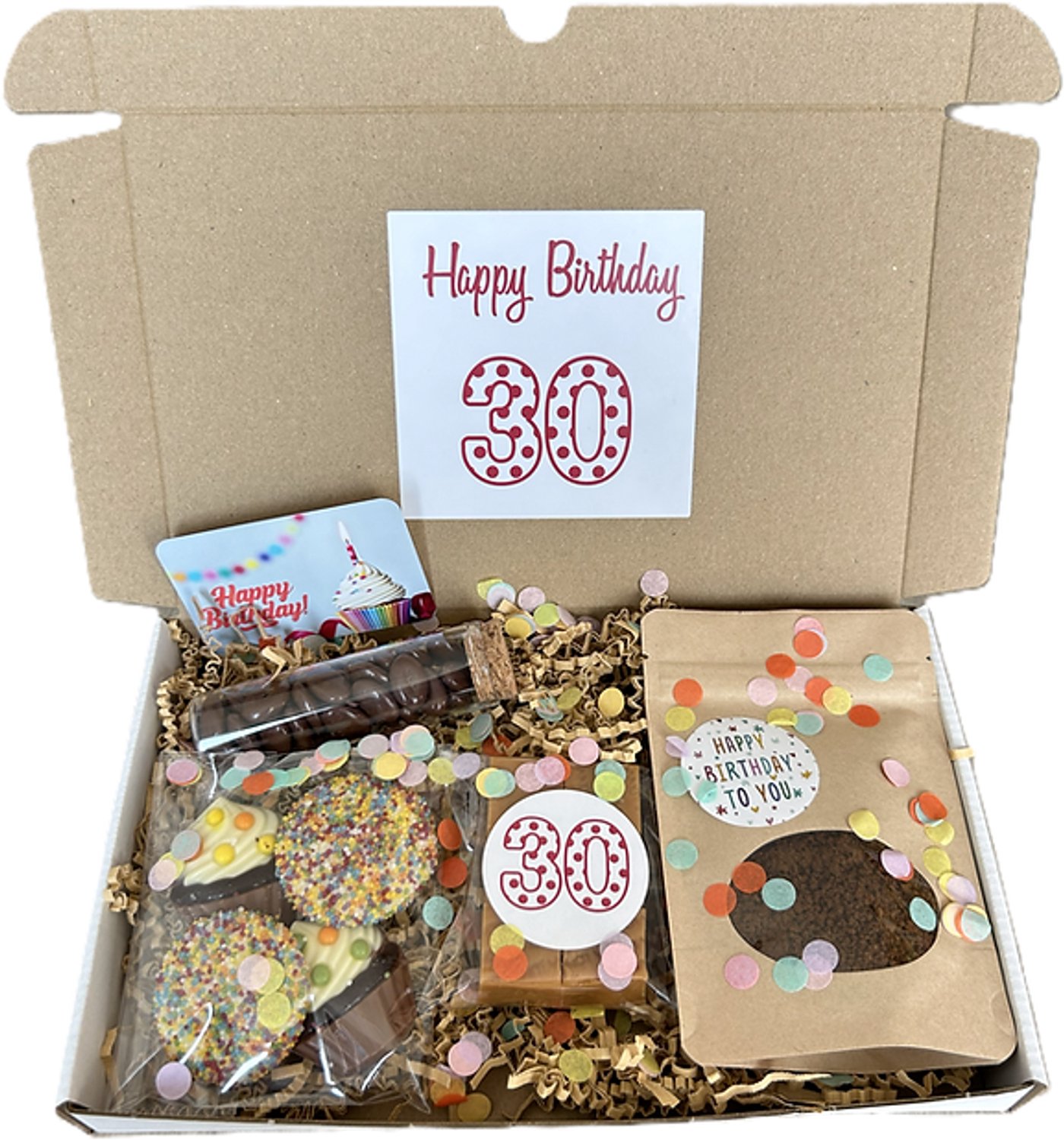 30 Verjaardag koffie brievenbus cadeau - chocolade - fudge - mokkaboontjes