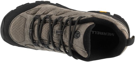 Bovenaanzicht van een grijze Merrell wandelschoen met vetersluiting en het Merrell-logo op de binnenzool.
