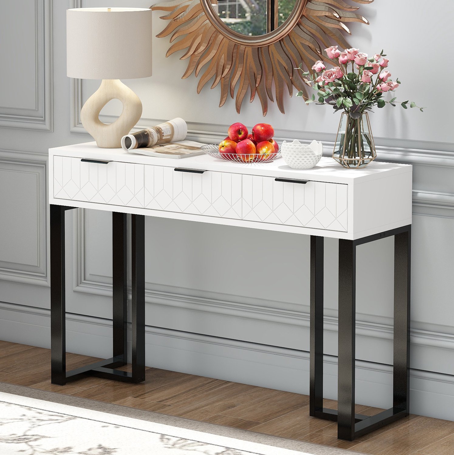 CHICFURN Sidetable - 3 lades - vaste hoogte - metalen frame - wit en zwart