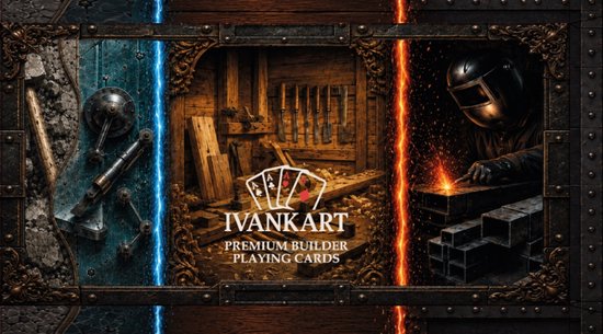 IVANKART Premium bouwerspeelkaarten met thema's van steen, hout en metaal in een gedetailleerde collector box.