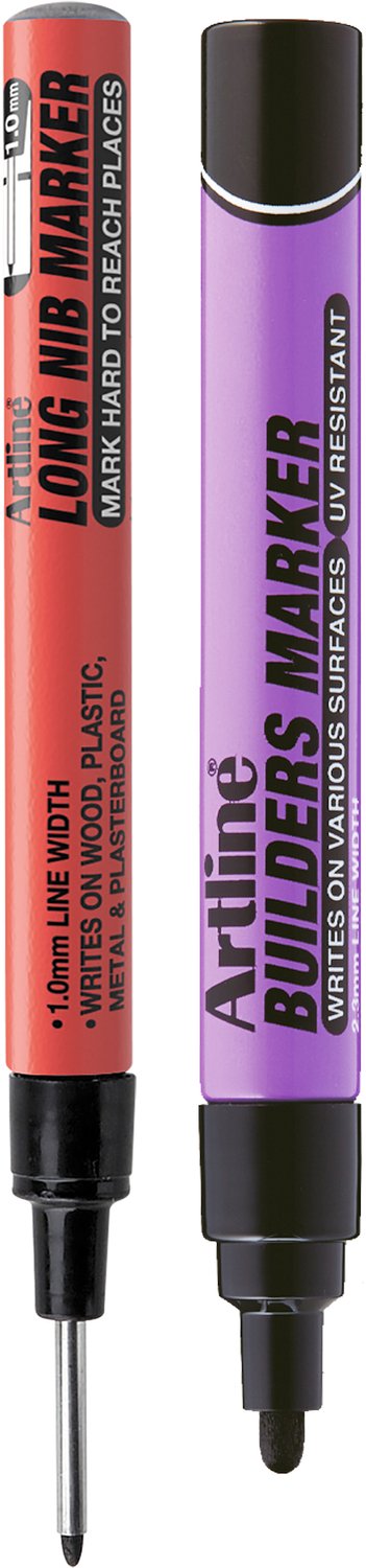Artline Builders Marker & Long Nib Marker - Set van 2 Markers - Brede punt & extra lange punt - Voor bouw, montage en moeilijk bereikbare plaatsen