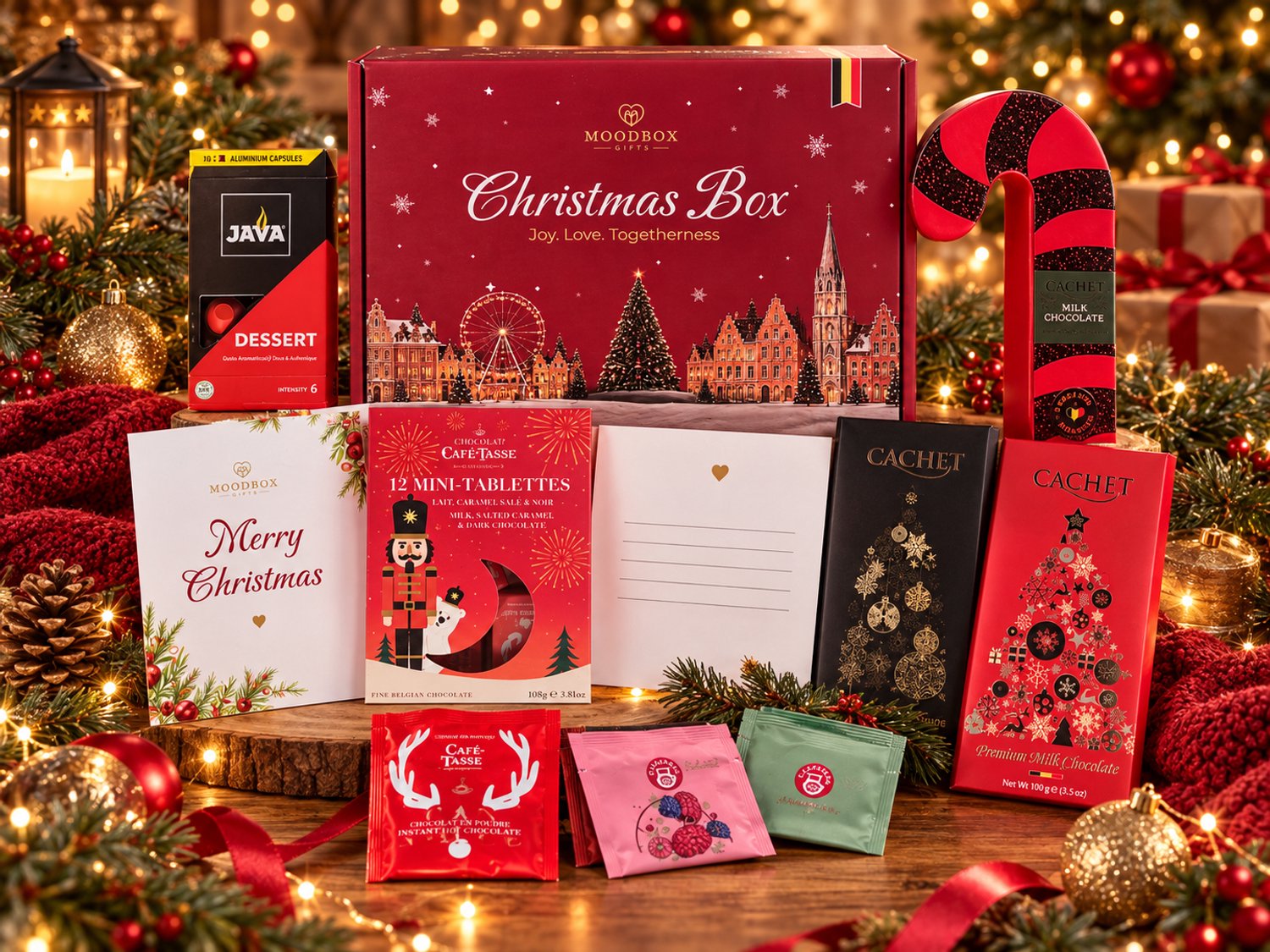 Luxe kerstcadeaubox – Belgische chocolade, koffie, thee & lekkernijen – Gepersonaliseerde wenskaart – Moodbox Gifts – Christmas Box Select
