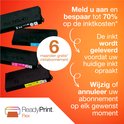 Vier inktcartridges naast promotietekst over een inktabonnement en 70% besparing.