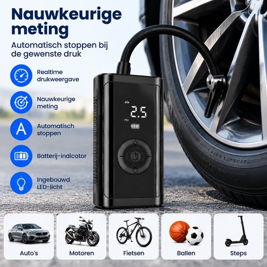 Draadloze Bandenpomp Auto - Elektrische Luchtcompressor 12V - Digitale Drukmeter - Auto-Stop - LED - Auto, Fiets & Motor - Zwart — afbeelding 2