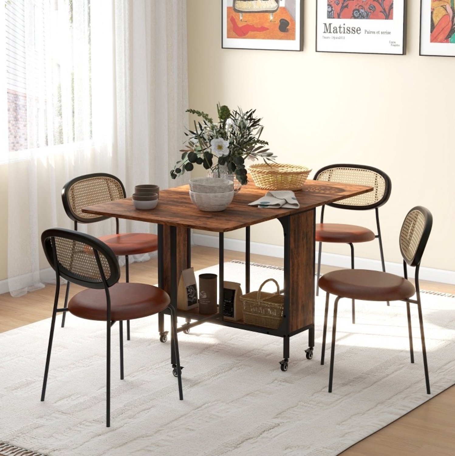 CHICFURN Eettafel - 6 personen - Opklapbaar - Wielen - Rustiek bruin