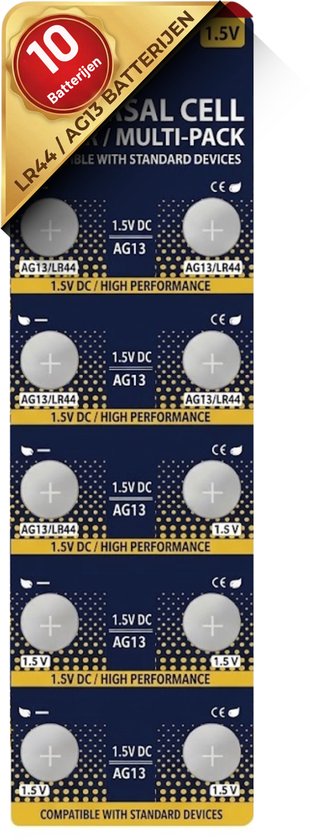 Strip met 10 LR44/AG13 knoopcelbatterijen, 1,5V, verpakt voor diverse standaard elektronische apparaten.