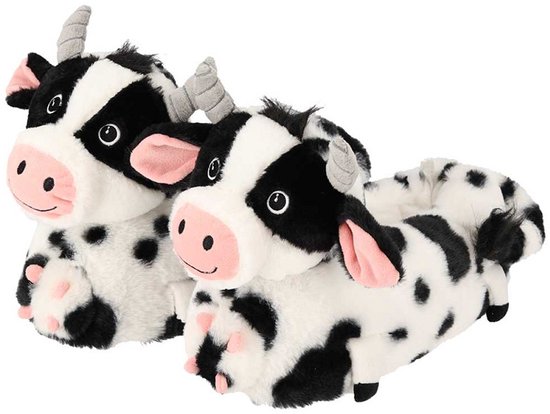 Pluche koeienpantoffels met zwart-witte vlekken, roze snuit en grijze hoorns.