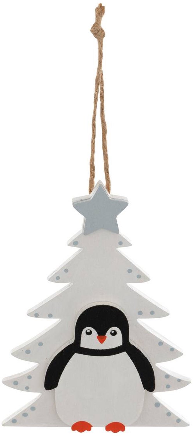 Feeric lights & Christmas Hangende pinguïn aan een witte houten kerstboom, 13 cm Blanc