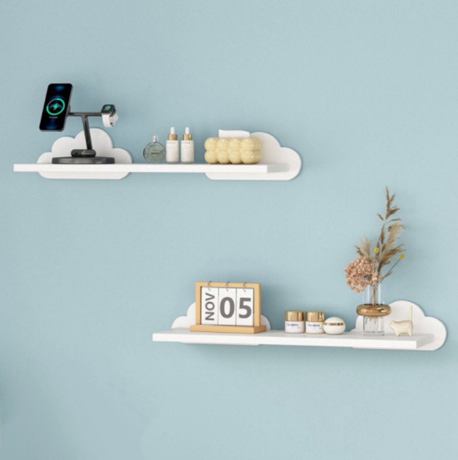 2 Stuks Wolk Vorm Wandplank‑ Dubbele Wolk Opbergplank‑ Zonder Boren Muurplank‑ Decoratieve Wand Opbergrek voor Slaapkamer en Woonkamer